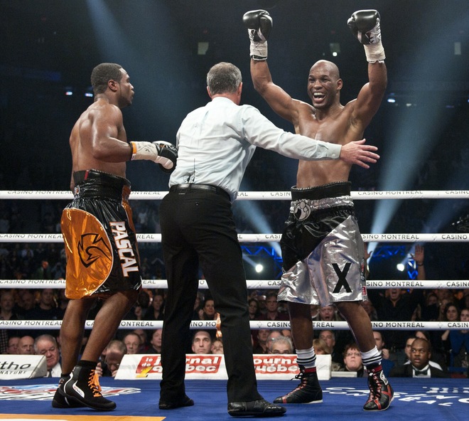 Bernard Hopkins (R) celebrating
